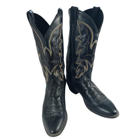 JUSTIN! BLACK GENUINE LEATHER, WHITE & GOLD FANCY STITCHED COWBOY BOOTS! SZ 9D main image 9